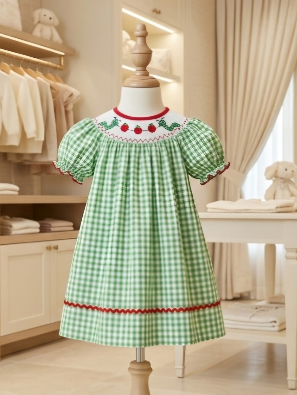 Rylee Faith Designs Smocked Bookworm Bishop Dress Green Gingham Girls Sz 5Y